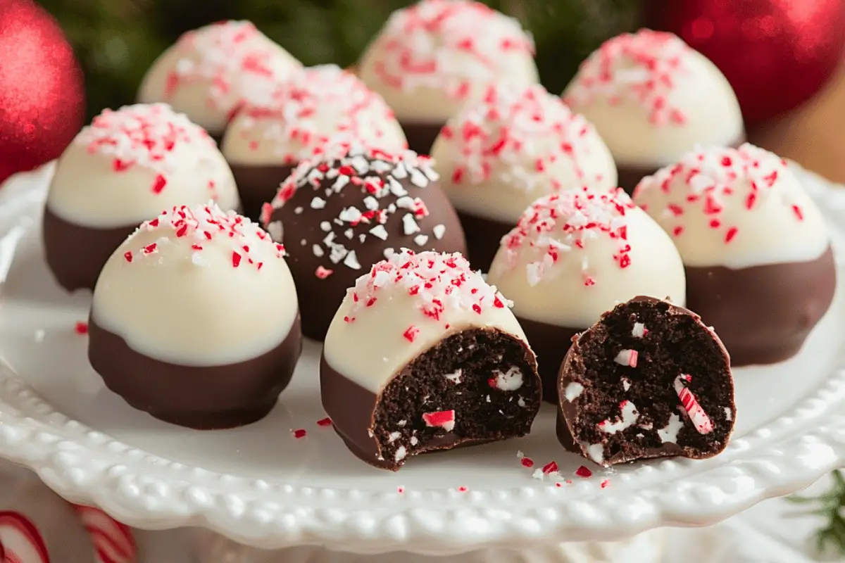 Cream Cheese Peppermint Truffles coated in smooth chocolate, topped with crushed candy canes and holiday sprinkles, arranged on a festive plate.