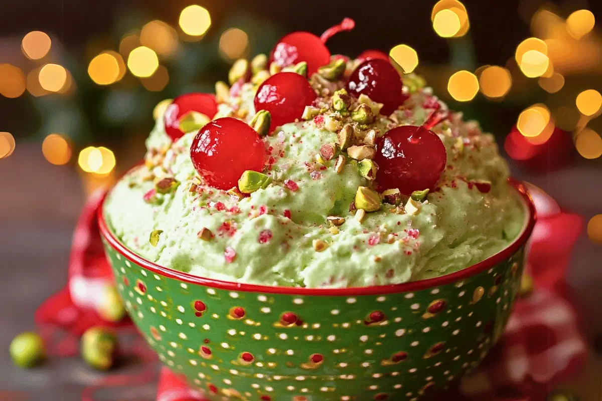 A bowl of Holiday Pistachio Fluff topped with maraschino cherries, chopped pistachios, and holiday sprinkles, served in a festive setting.