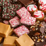 A festive plate featuring Peppermint Bark, Chocolate-Covered Caramel Bites, and Peanut Butter Cups garnished with holiday sprinkles.