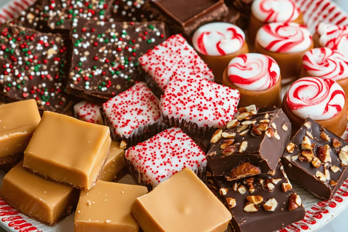 A festive plate featuring Peppermint Bark, Chocolate-Covered Caramel Bites, and Peanut Butter Cups garnished with holiday sprinkles.