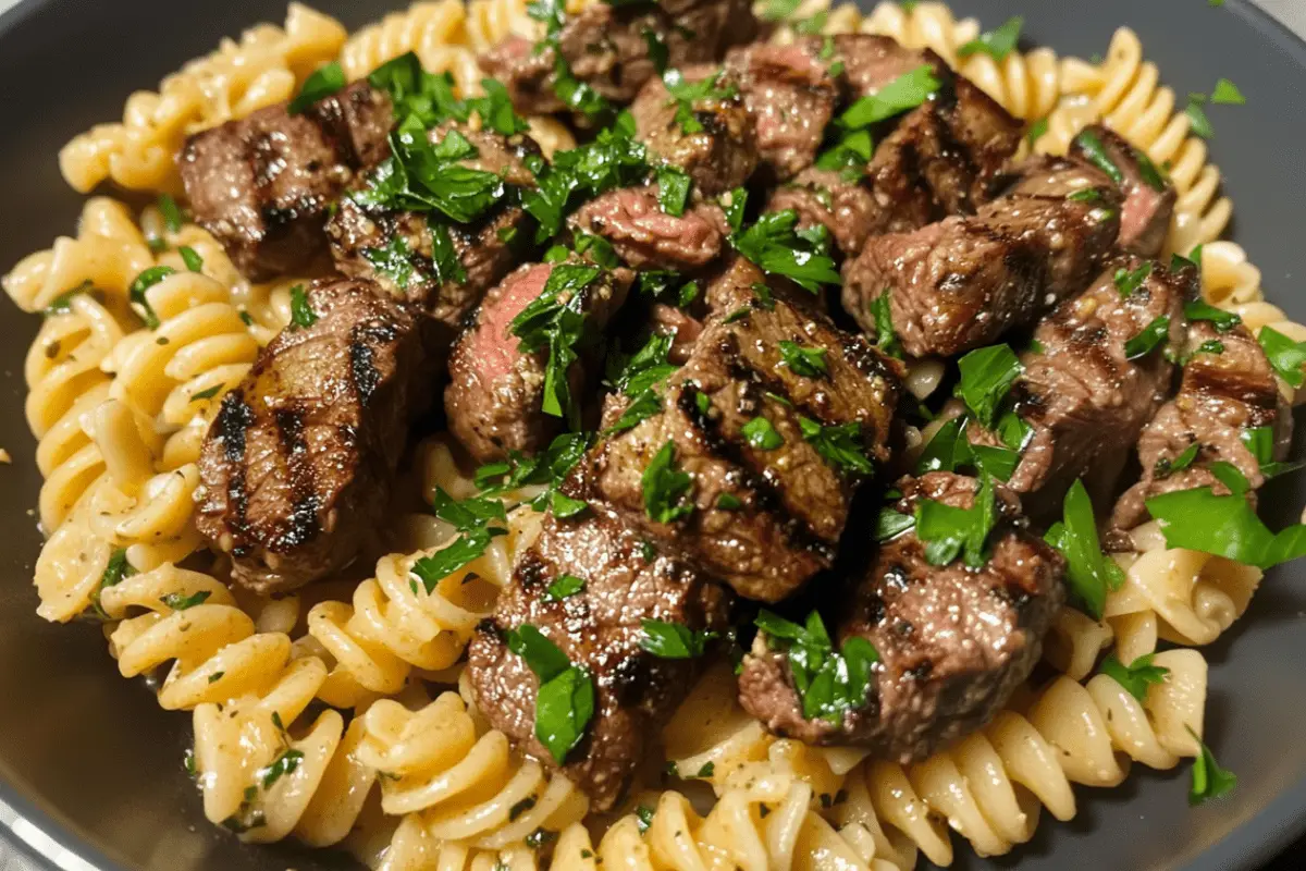 Steak Bites and Rotini in Garlic Parmesan Sauce | Flavorful & Creamy