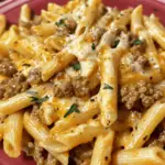 Cheesy Penne with Garlic Butter Ground Beef | Savory & Cheesy Pasta