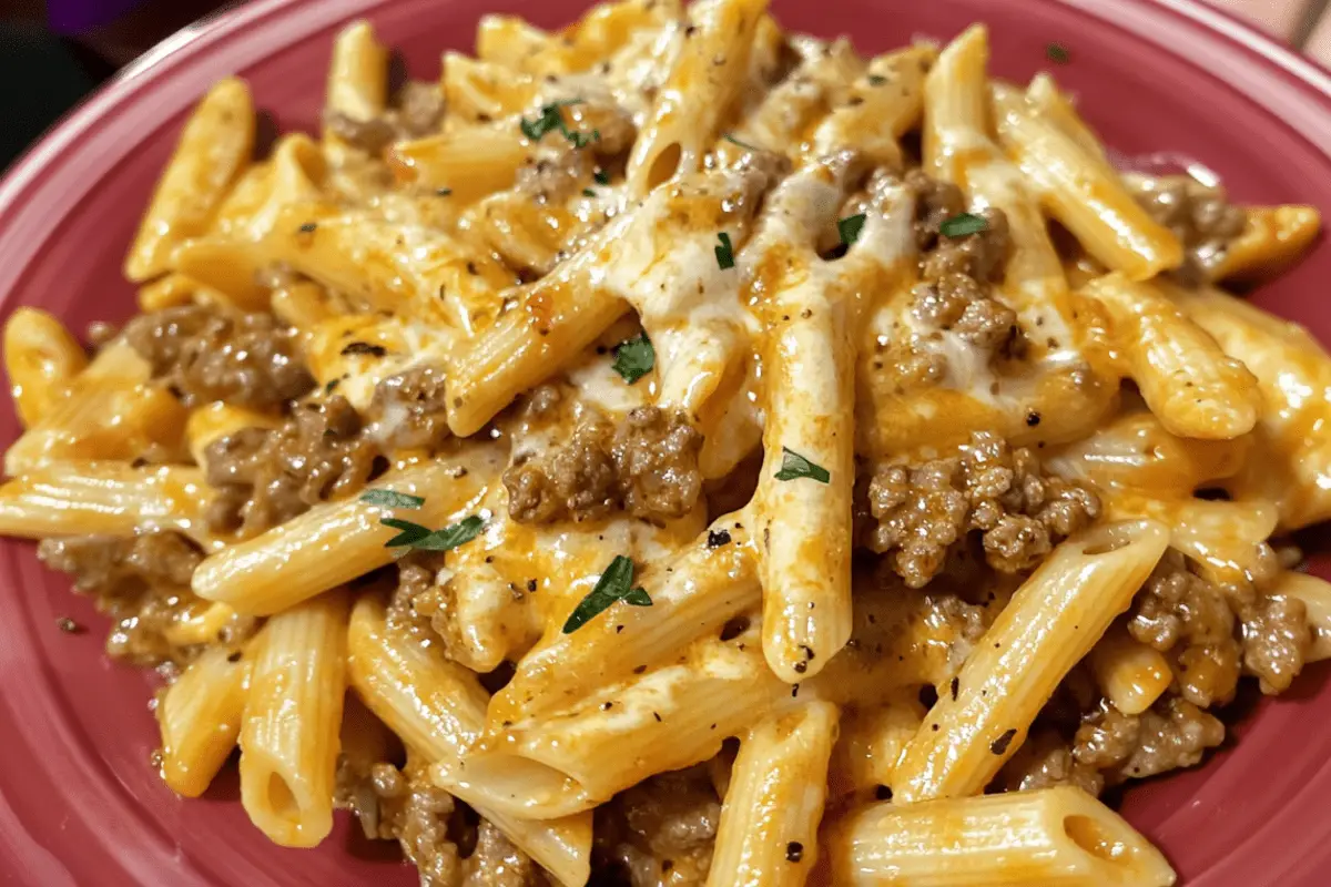 Cheesy Penne with Garlic Butter Ground Beef | Savory & Cheesy Pasta