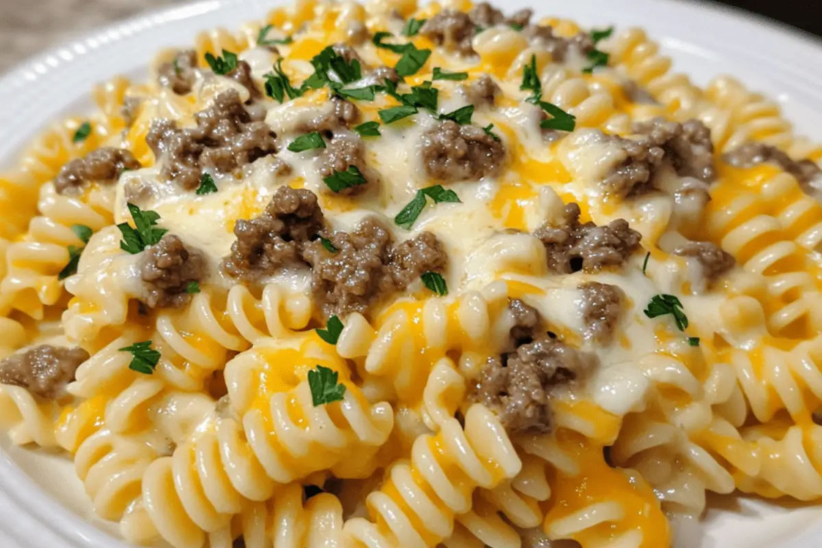 Cheesy Rotini with Garlic Butter Beef | Creamy & Savory