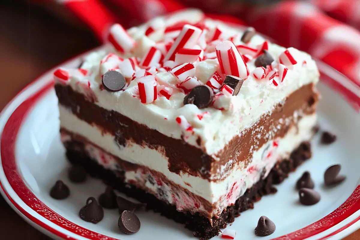 A festive slice of No-Bake Chocolate Peppermint Lasagna topped with crushed candy canes, chocolate chips, and whipped topping, served on a holiday plate.