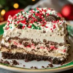 A festive slice of No-Bake Christmas Oreo Lasagna with creamy layers of cheesecake, chocolate pudding, and whipped topping, garnished with sprinkles.