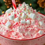 A festive bowl of Santa’s Favorite Peppermint Fluff garnished with crushed candy canes, whipped cream, and mini candy canes, served in a holiday setting.