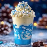 Winter Wonderland Frappuccino in a glass, topped with whipped cream, blue and white sprinkles, and white chocolate shavings, perfect for the holidays.