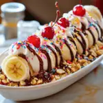 A classic banana split sundae with ice cream, chocolate syrup, whipped cream, and cherries