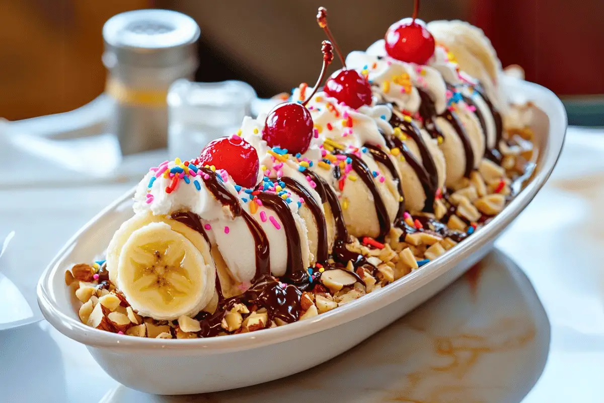A classic banana split sundae with ice cream, chocolate syrup, whipped cream, and cherries