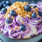 A decorative bowl of Blueberry and Vanilla Cheesecake Fluff topped with fresh blueberries, graham crackers, and mint leaves, set on a festive table.