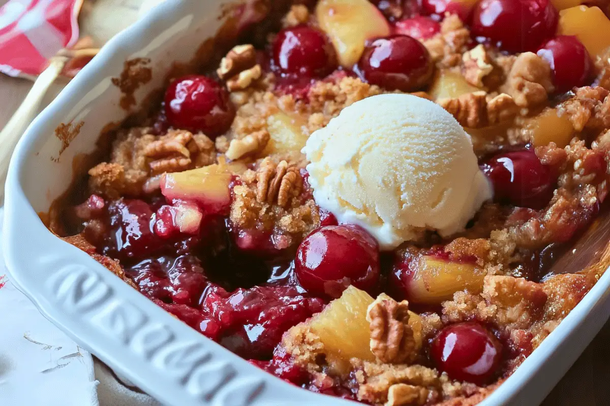 Cherry Dump Cake baked to golden perfection, topped with pecans and served warm