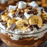 Chocolate Banana Pudding Fluff layered with bananas, chocolate pudding, and marshmallows in a glass trifle dish