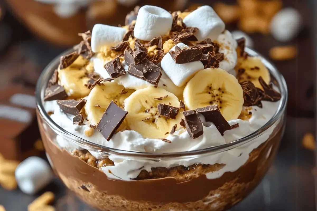 Chocolate Banana Pudding Fluff layered with bananas, chocolate pudding, and marshmallows in a glass trifle dish