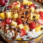 Crunch Dessert Salad in a bowl, topped with pretzels, chocolate chips, and fresh fruits