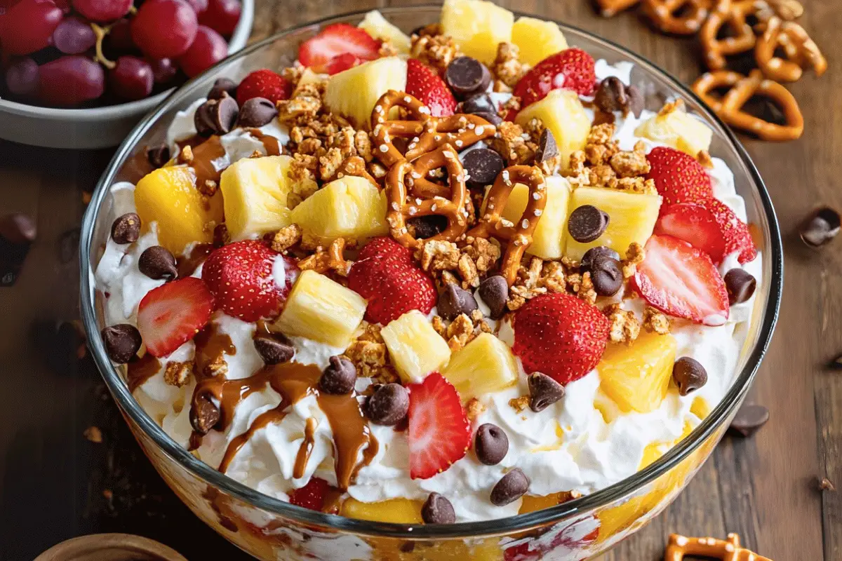 Crunch Dessert Salad in a bowl, topped with pretzels, chocolate chips, and fresh fruits
