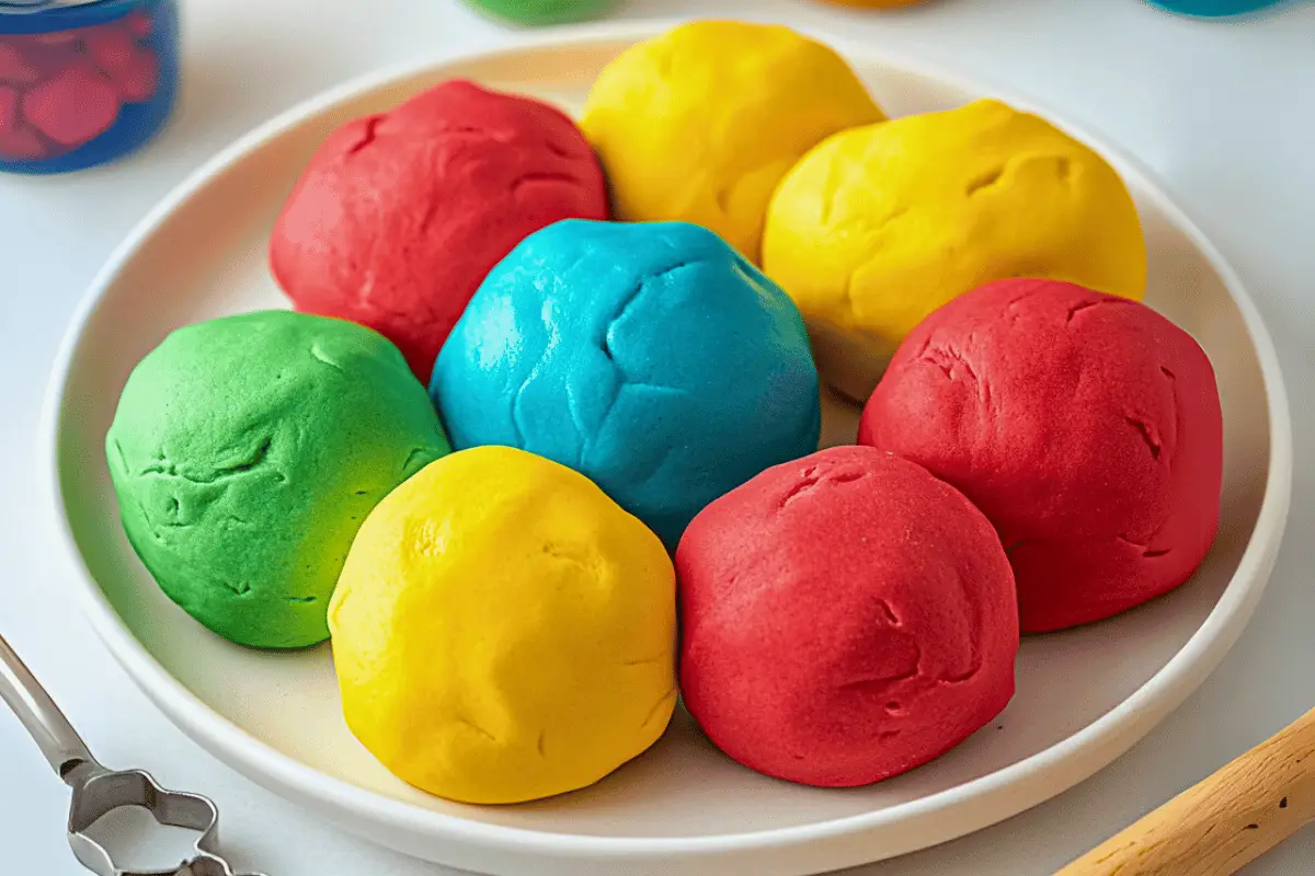 Homemade playdough in multiple colors, ready for creative play