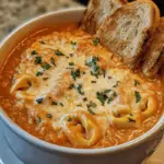 Slow Cooker Tomato Tortellini Soup with Cheddar & Toast Bites