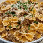 Beef and Bowtie Pasta with Alfredo Sauce | Creamy & Hearty Comfort Meal
