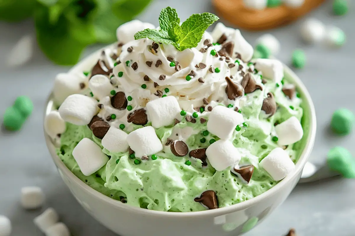 Lucky Mint Shamrock Fluff served in a bowl, garnished with whipped cream, green sprinkles, and fresh mint leaves