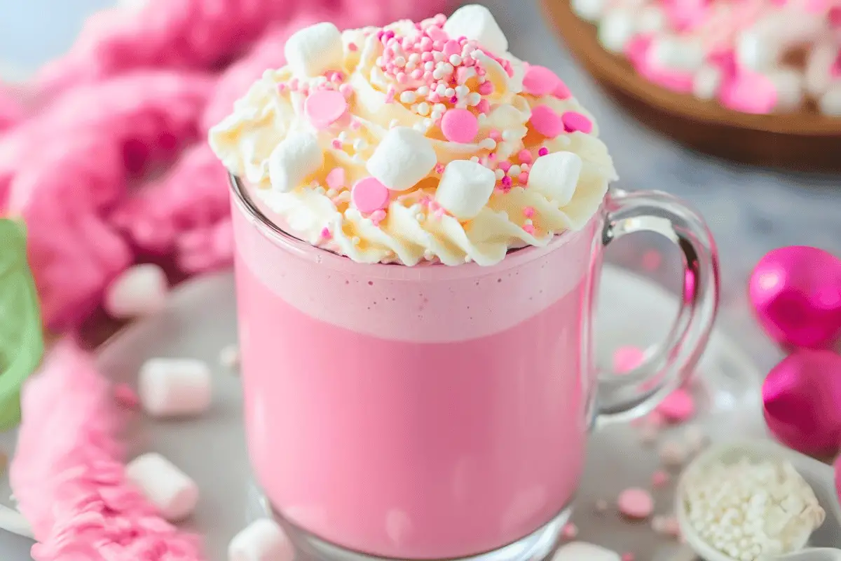 Pink Hot Chocolate in a festive mug topped with whipped cream, marshmallows, and sprinkles