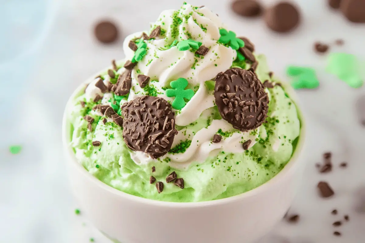 Shamrock Cheesecake Fluff served in a bowl with green sprinkles, marshmallows, and mint leaves