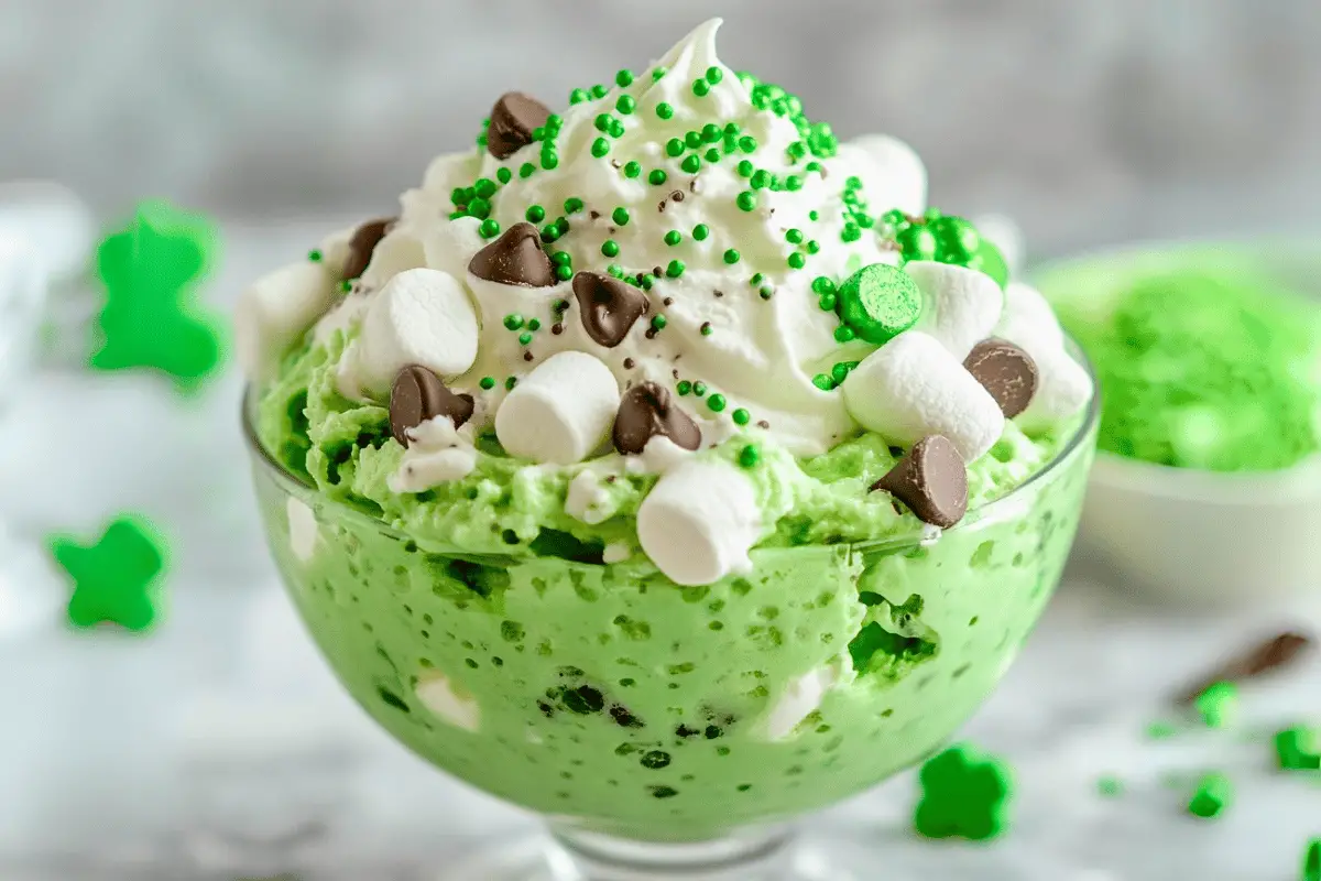Shamrock Shake Fluff served in a clear bowl, topped with green sprinkles and marshmallows