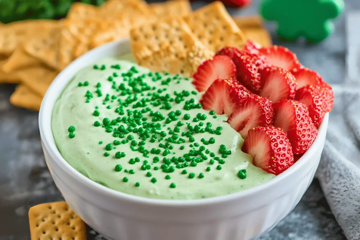 Shamrock Sugar Cookie Dip in a bowl, garnished with green sprinkles and mini shamrock candies