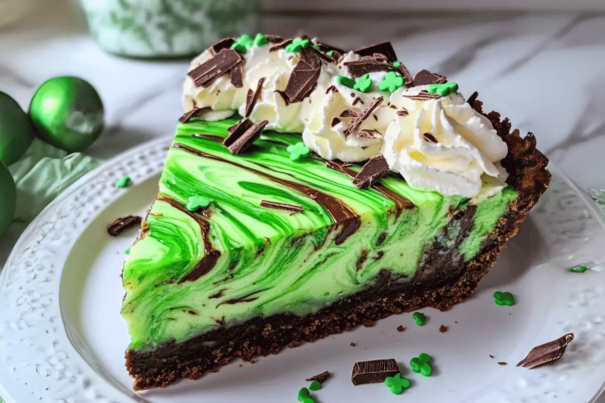 Shamrock Swirl Pie with chocolate crust, green mint filling, and chocolate swirls, topped with whipped cream