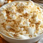 Snowflake Oreo Cream Salad garnished with white chocolate shavings, crushed Oreos, and silver sprinkles in a festive winter setting