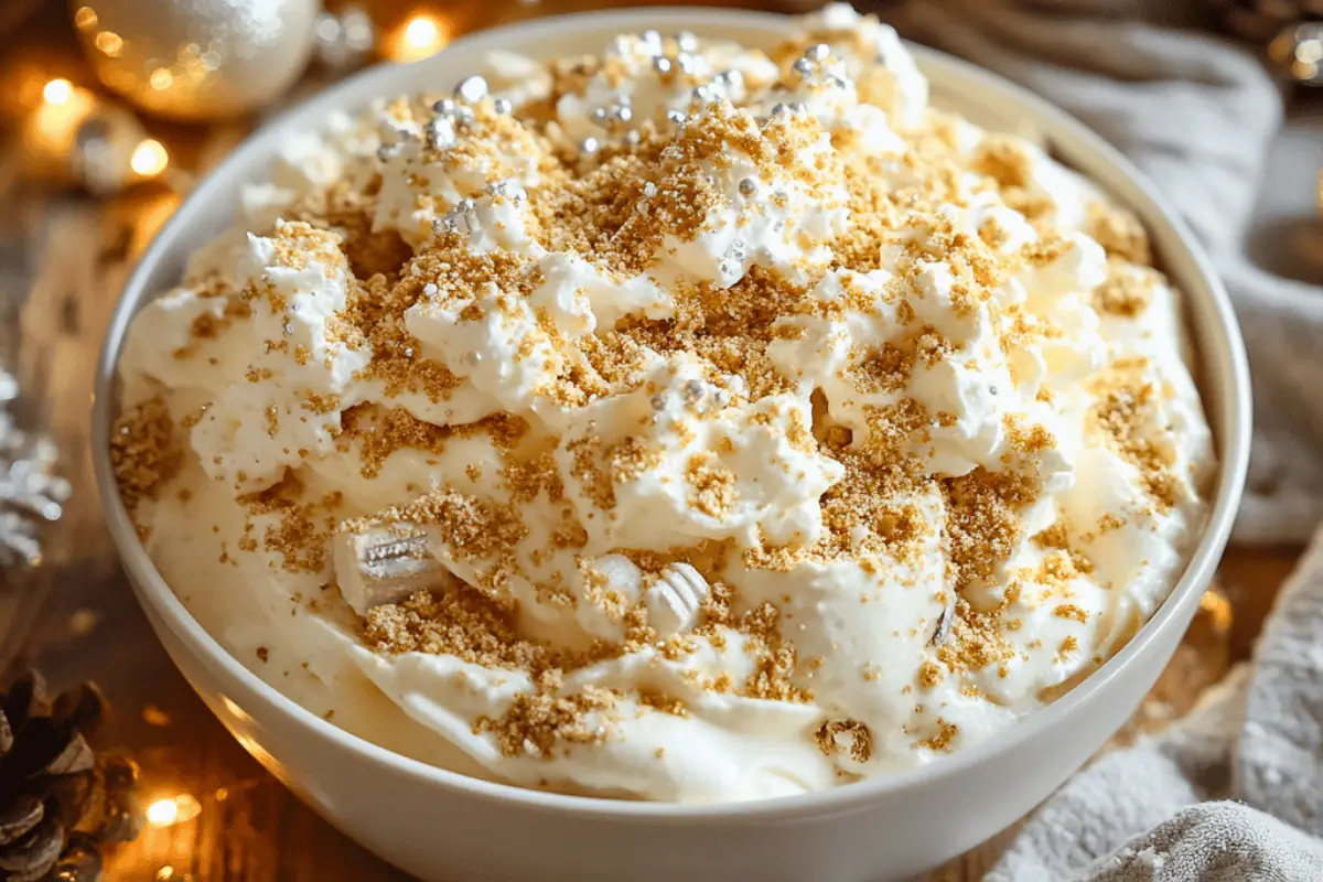 Snowflake Oreo Cream Salad garnished with white chocolate shavings, crushed Oreos, and silver sprinkles in a festive winter setting