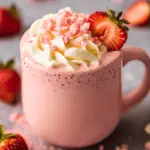 A mug of strawberry hot chocolate topped with whipped cream, fresh strawberries, and pink sprinkles
