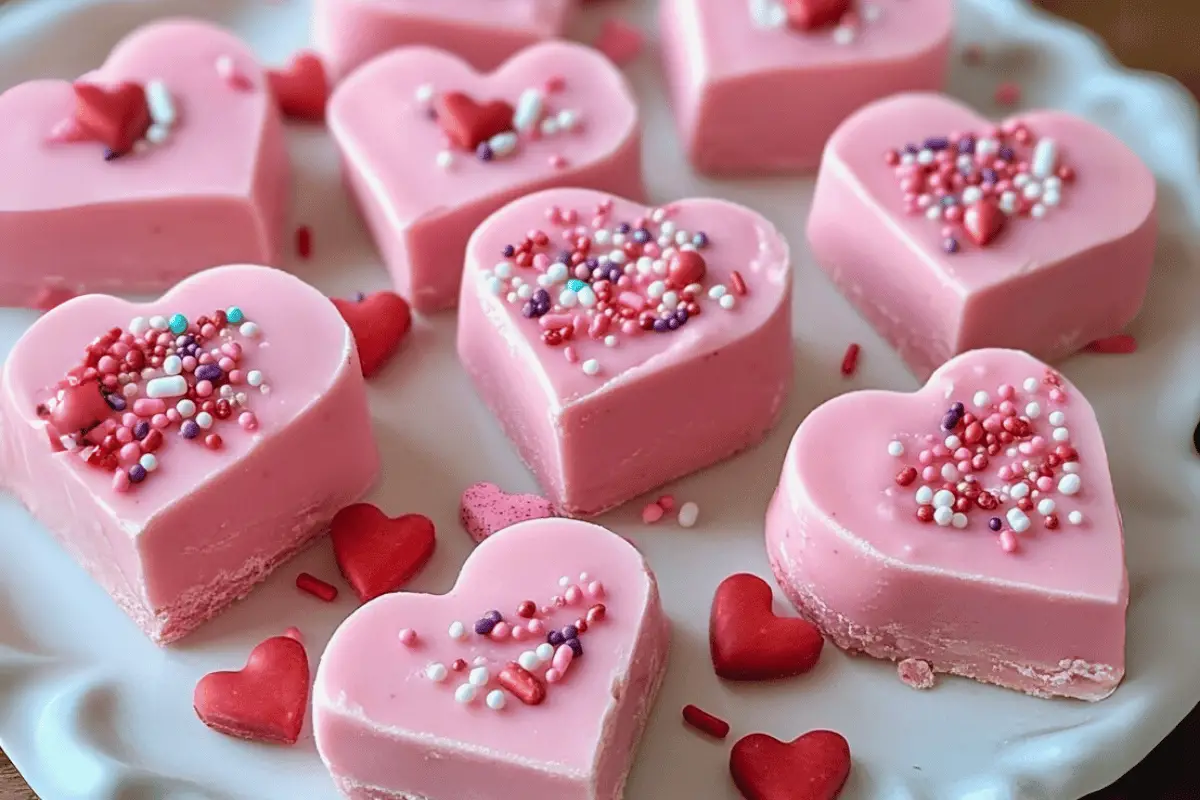 Valentine Hearts Fudge with sprinkles on a platter surrounded by festive Valentine’s Day decor