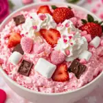 Valentine’s Day Fluff served in a bowl, topped with whipped cream, fresh strawberries, and pink sprinkles