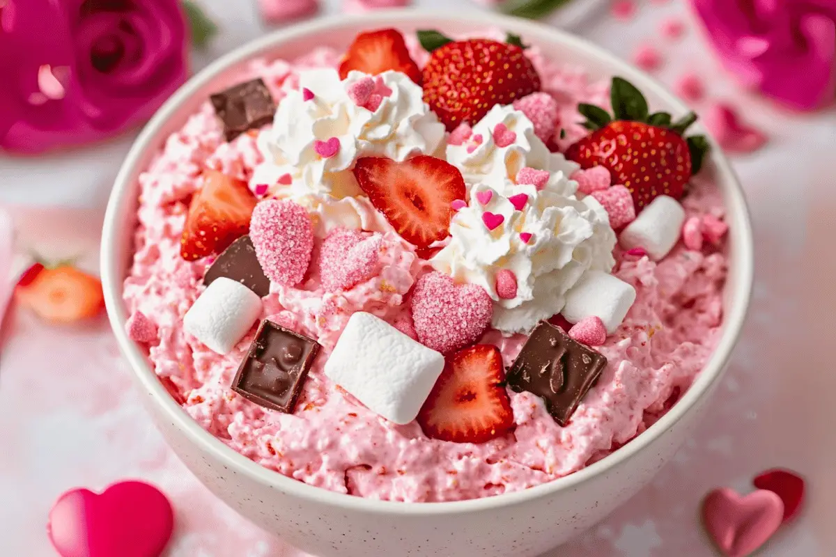 Valentine’s Day Fluff served in a bowl, topped with whipped cream, fresh strawberries, and pink sprinkles