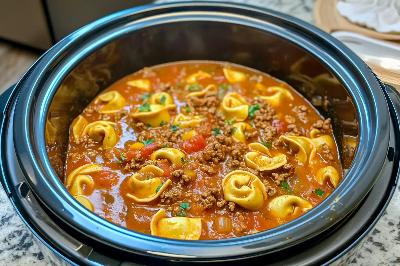 Slow Cooker Tomato Tortellini Soup with Ground Beef