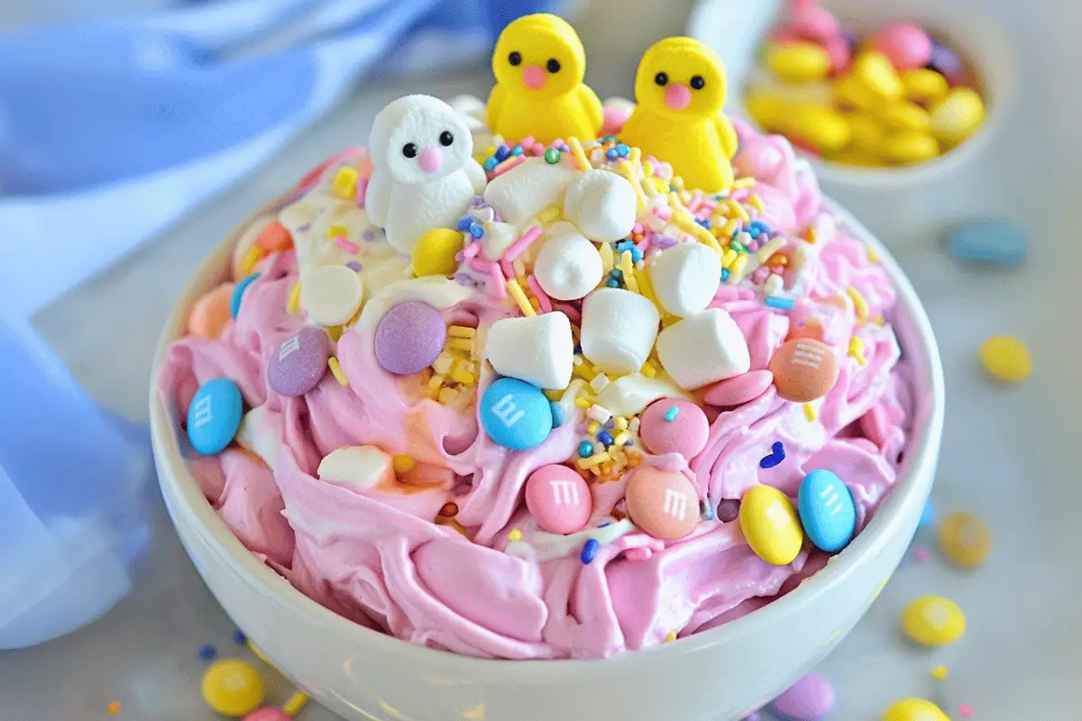 A bowl of pastel-colored Easter Marshmallow Fluff topped with mini marshmallows and chocolate eggs