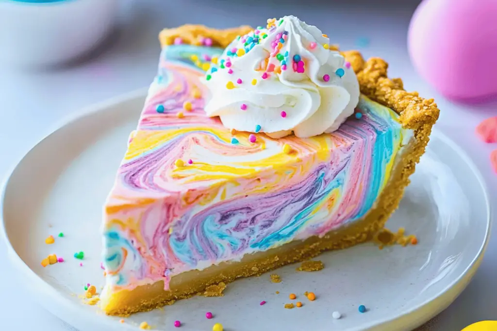 A colorful Easter Swirl Pie with pastel swirls and whipped cream