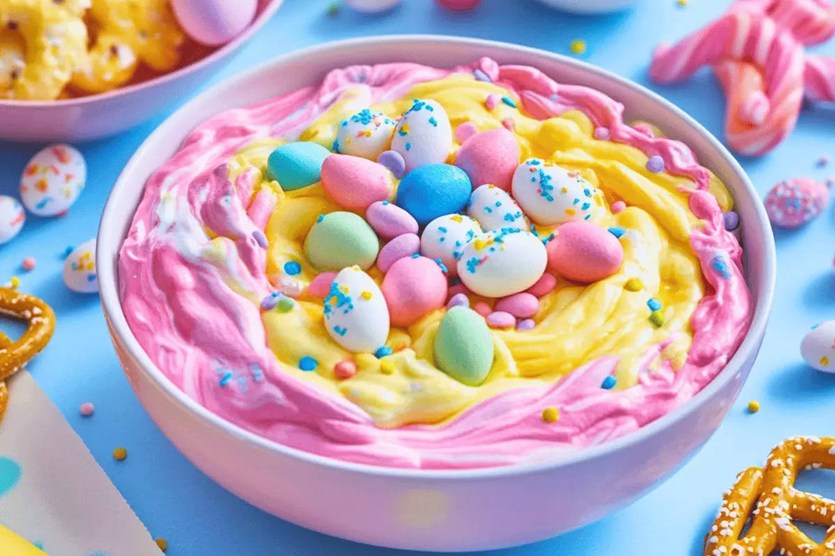 A pastel-colored Easter Dip with sprinkles served with cookies and fruit