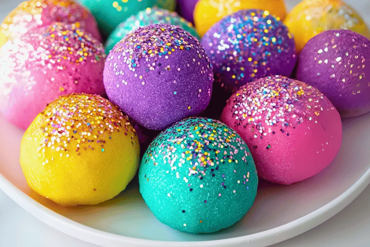 A batch of homemade glitter playdough in vibrant colors with sparkles