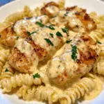 Creamy garlic butter chicken with rotini pasta in a rich Parmesan sauce, creating a delicious and comforting meal.
