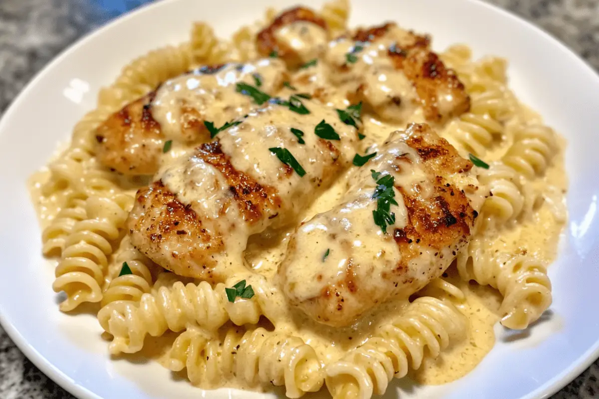 Creamy garlic butter chicken with rotini pasta in a rich Parmesan sauce, creating a delicious and comforting meal.