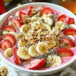 A vibrant Strawberry Banana Smoothie Bowl topped with fresh fruit, granola, and coconut flakes