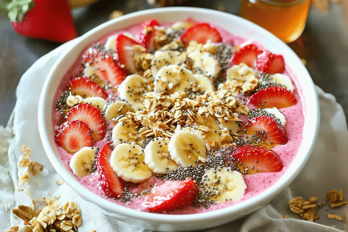 A vibrant Strawberry Banana Smoothie Bowl topped with fresh fruit, granola, and coconut flakes