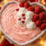 A bowl of pink Valentine’s Day Love Dip with heart-shaped sprinkles