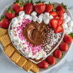 A bowl of Valentine’s Hot Chocolate Dip topped with marshmallows, chocolate drizzle, and sprinkles