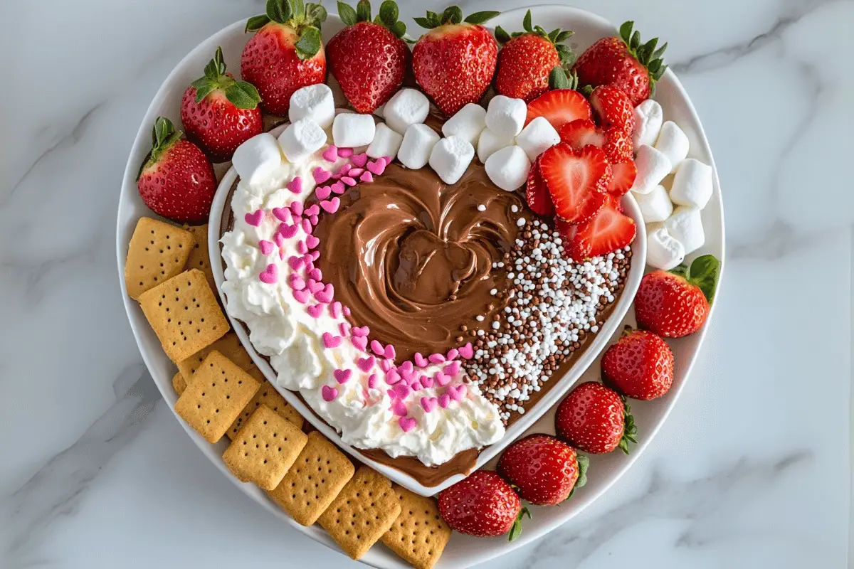 A bowl of Valentine’s Hot Chocolate Dip topped with marshmallows, chocolate drizzle, and sprinkles