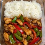 Sizzling Garlic Chicken Stir-Fry with Peppers & Steamed Rice