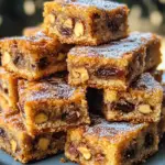 Moist date and walnut slice cut into squares on a wooden board