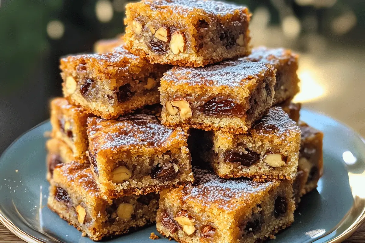 Moist date and walnut slice cut into squares on a wooden board
